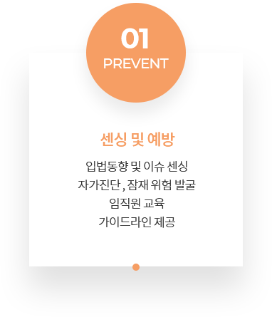 01 PREVENT 센싱 및 예방 입법 동향 및 이슈 센싱 자가진단 , 잠재 위험 발굴임직원 교육 가이드라인 제공