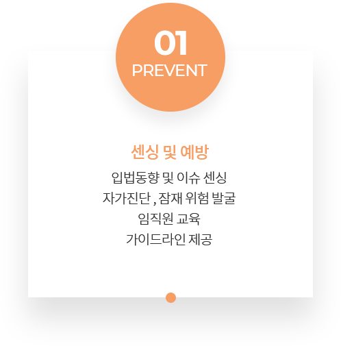 01 PREVENT 센싱 및 예방 입법 동향 및 이슈 센싱 자가진단 , 잠재 위험 발굴임직원 교육 가이드라인 제공