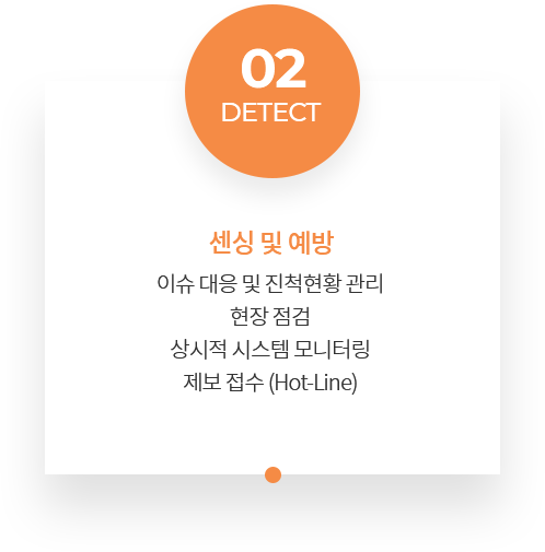 02 DETECT 위험 관리(모니터링) 이슈 대응 및 진척현황 관리 현장 점검 상시적 시스템 모니터링 제보 접수 (Hot-Line)