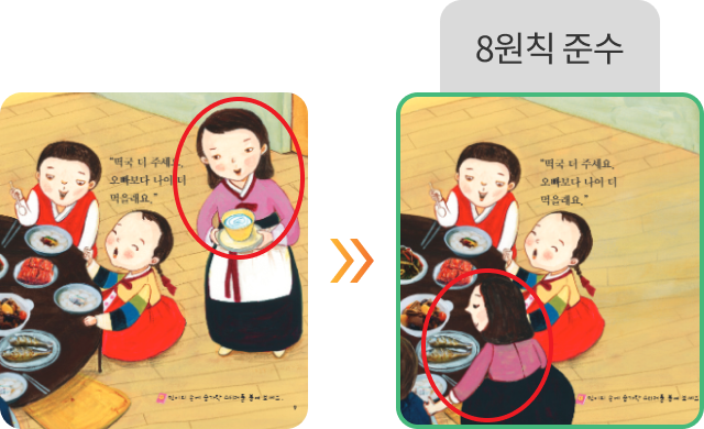 설날 식사하는 가족과 음식을 나르는 어머니 모습에서 가족과 함께 식사하는 모습으로 변경